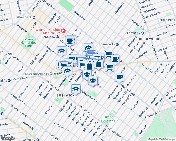 map of restaurants, bars, coffee shops, grocery stores, and more near 1522 Myrtle Avenue in Brooklyn