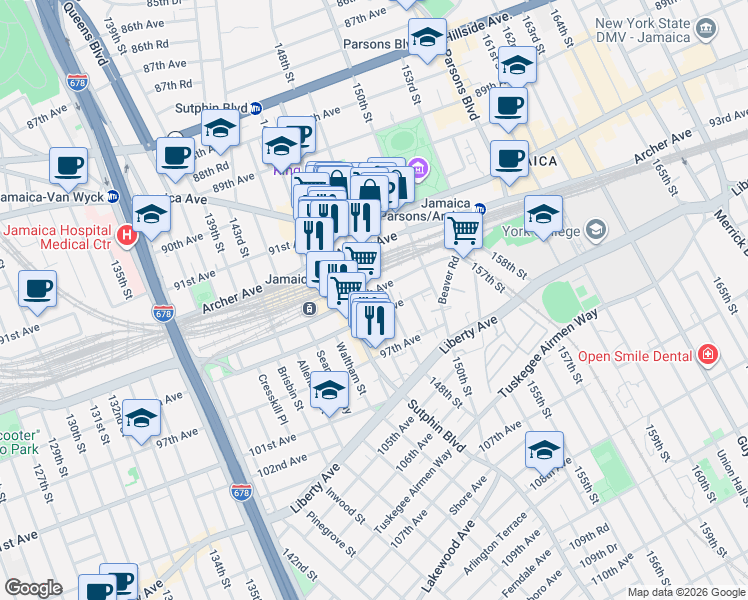 map of restaurants, bars, coffee shops, grocery stores, and more near 147-36 94th Avenue in Queens