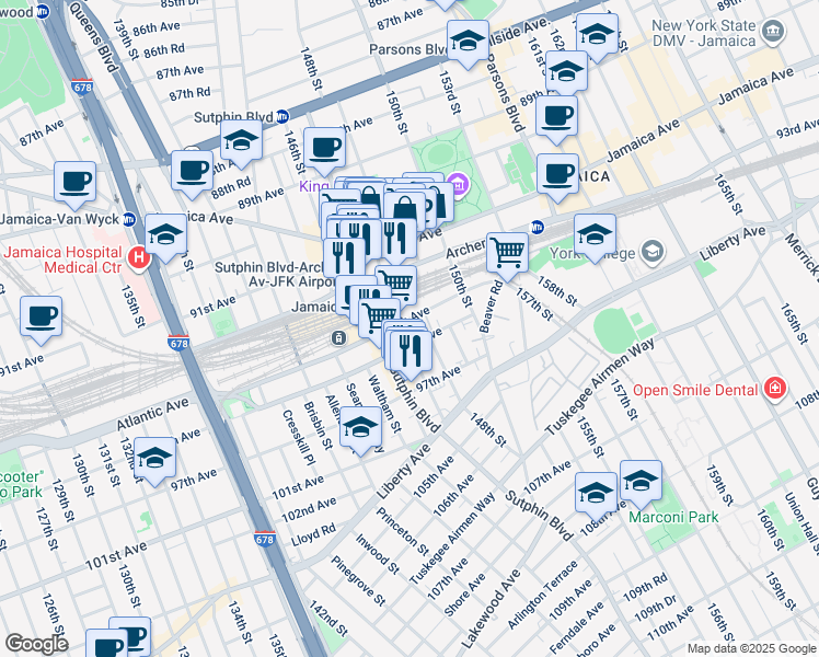 map of restaurants, bars, coffee shops, grocery stores, and more near 147-36 94th Avenue in Queens