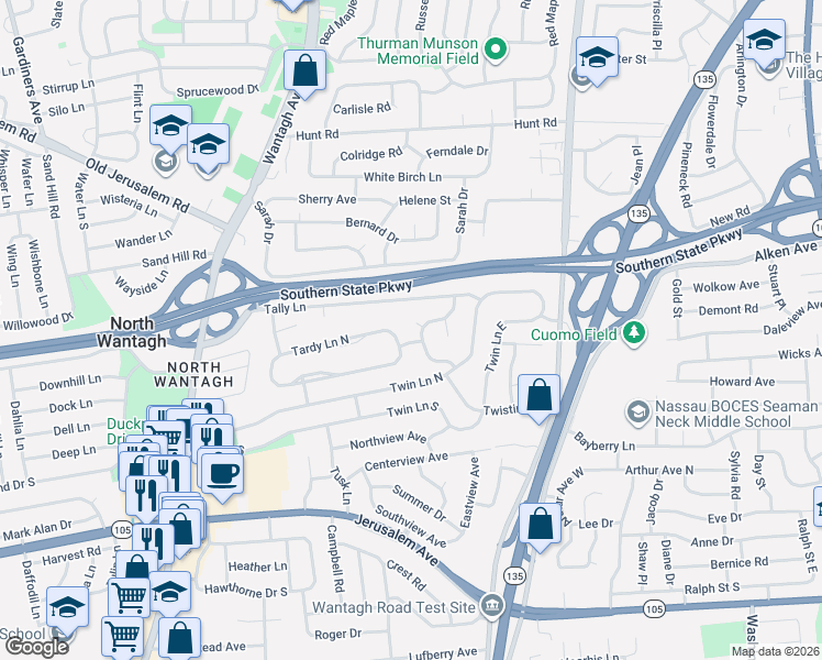 map of restaurants, bars, coffee shops, grocery stores, and more near 35 Todd Circle in Wantagh