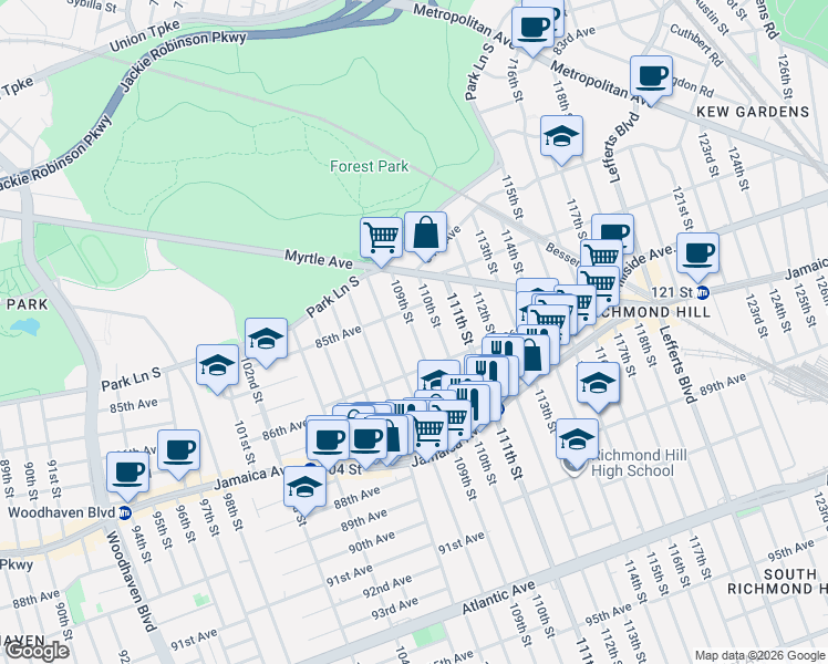 map of restaurants, bars, coffee shops, grocery stores, and more near 85-12 109th Street in Queens