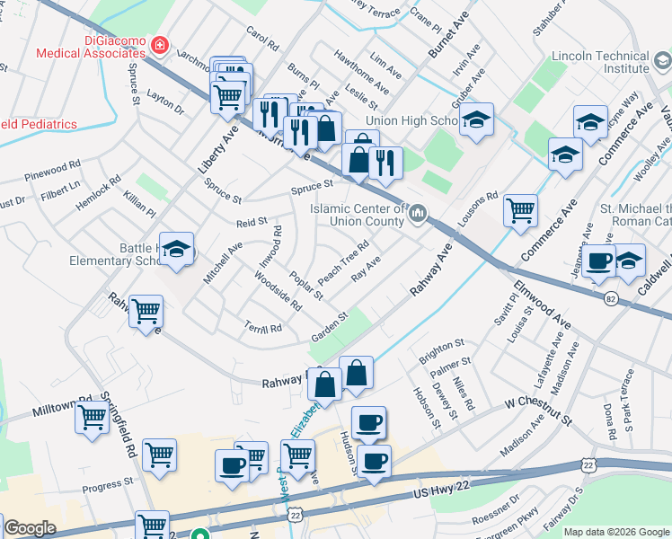 map of restaurants, bars, coffee shops, grocery stores, and more near 888 Peach Tree Road in Union