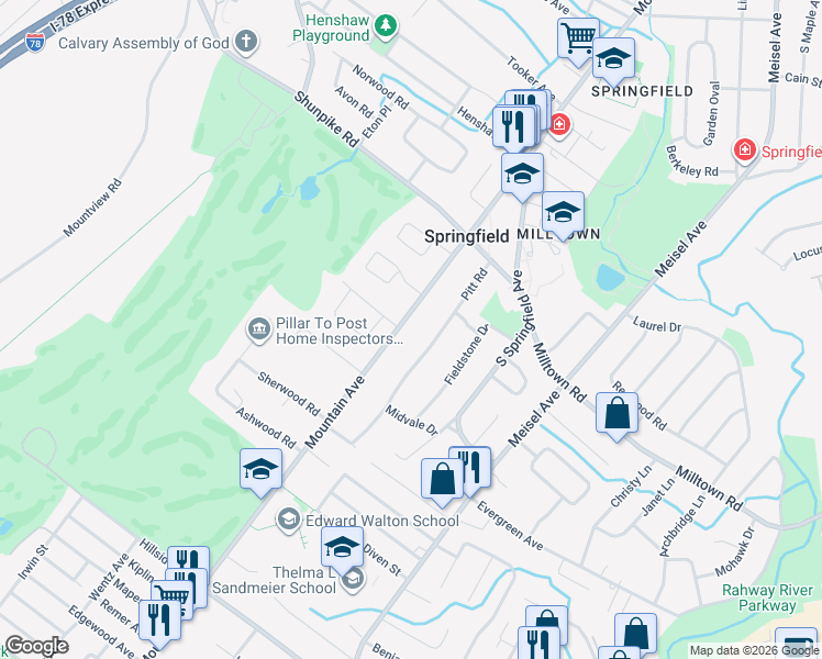 map of restaurants, bars, coffee shops, grocery stores, and more near 381 Mountain Avenue in Springfield