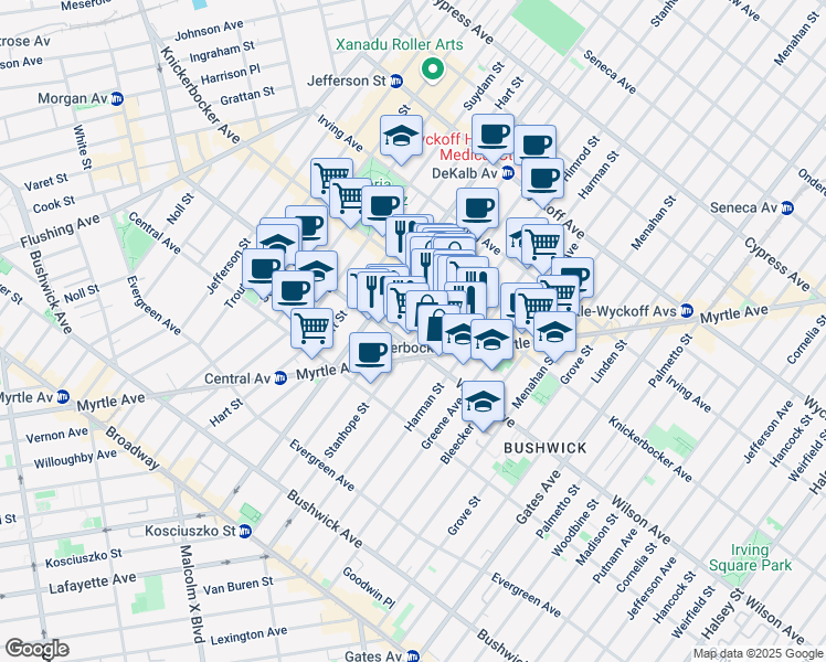 map of restaurants, bars, coffee shops, grocery stores, and more near 165 Stanhope Street in Brooklyn