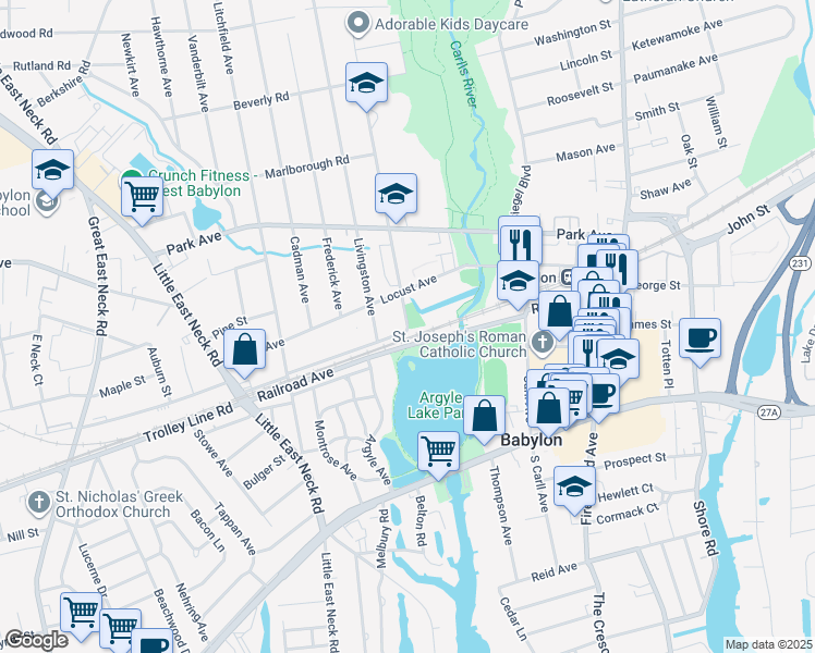 map of restaurants, bars, coffee shops, grocery stores, and more near 8 Ralph Avenue in Babylon