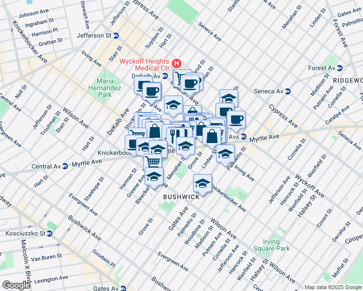 map of restaurants, bars, coffee shops, grocery stores, and more near 275 Bleecker Street in Brooklyn