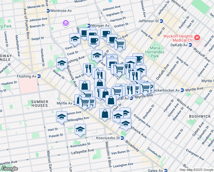 map of restaurants, bars, coffee shops, grocery stores, and more near 98 Jefferson Street in Brooklyn