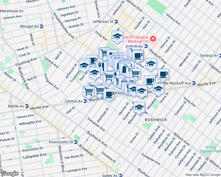 map of restaurants, bars, coffee shops, grocery stores, and more near 186 Wilson Avenue in Brooklyn