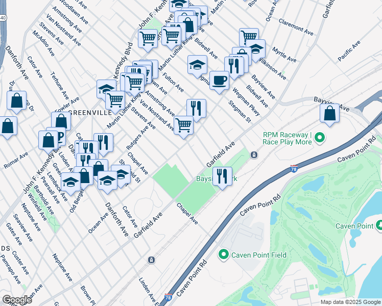 map of restaurants, bars, coffee shops, grocery stores, and more near 35 Van Nostrand Avenue in Jersey City