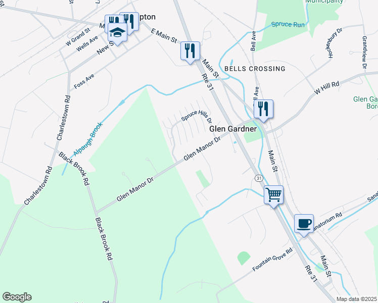 map of restaurants, bars, coffee shops, grocery stores, and more near 19 Glen Manor Drive in Glen Gardner