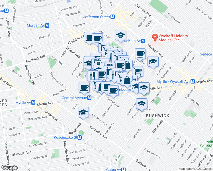 map of restaurants, bars, coffee shops, grocery stores, and more near 176 Wilson Avenue in Brooklyn