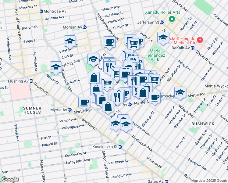 map of restaurants, bars, coffee shops, grocery stores, and more near 128 Troutman Street in Brooklyn
