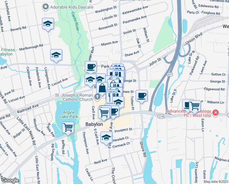 map of restaurants, bars, coffee shops, grocery stores, and more near 198 Deer Park Avenue in Babylon