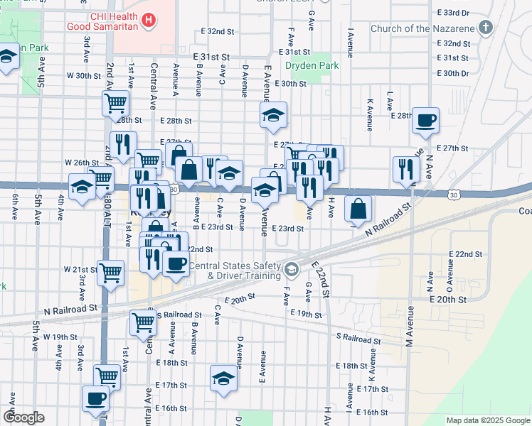 map of restaurants, bars, coffee shops, grocery stores, and more near in Kearney