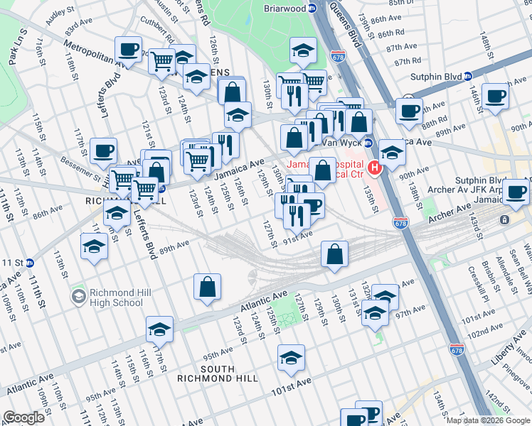 map of restaurants, bars, coffee shops, grocery stores, and more near 88-20 129th Street in Queens