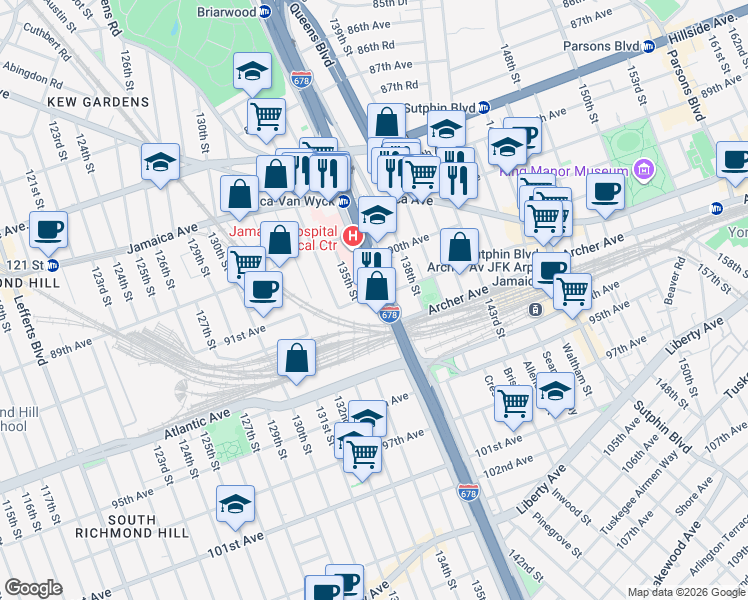 map of restaurants, bars, coffee shops, grocery stores, and more near 91-06 Van Wyck Expressway in Queens