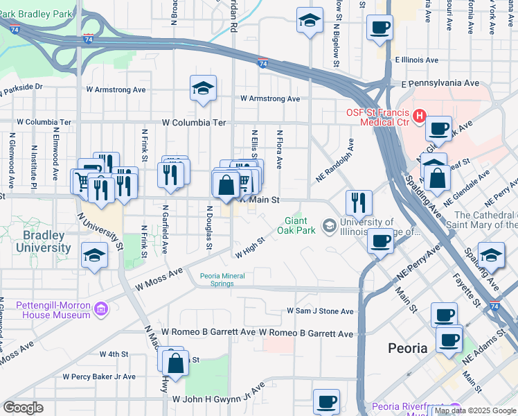 map of restaurants, bars, coffee shops, grocery stores, and more near 522 West Main Street in Peoria