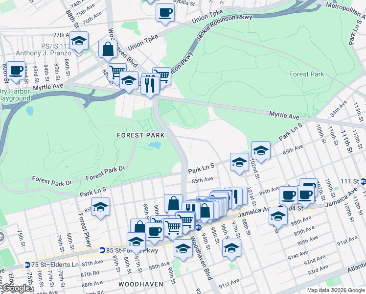 map of restaurants, bars, coffee shops, grocery stores, and more near 83-77 Woodhaven Boulevard in Queens