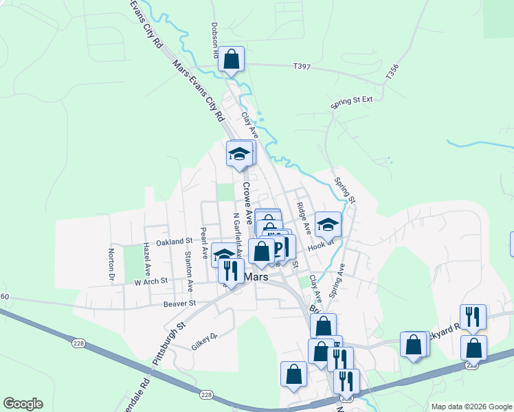 map of restaurants, bars, coffee shops, grocery stores, and more near 10 West School Street in Mars