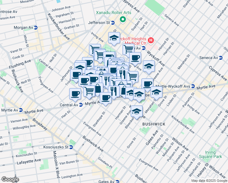 map of restaurants, bars, coffee shops, grocery stores, and more near 162 Stockholm Street in Brooklyn