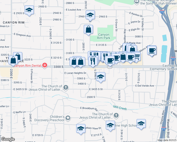 map of restaurants, bars, coffee shops, grocery stores, and more near 2885 East Loran Heights Drive in Salt Lake City