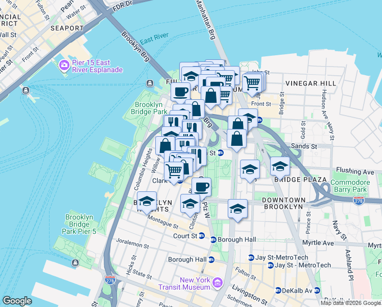 map of restaurants, bars, coffee shops, grocery stores, and more near 82 Cranberry Street in Brooklyn