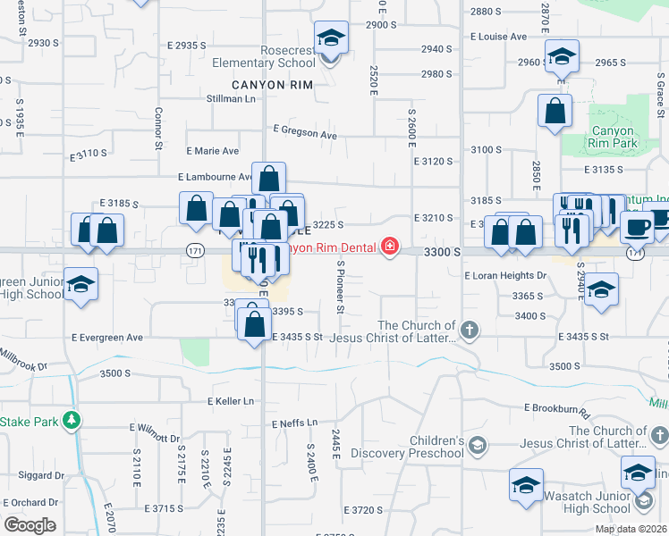 map of restaurants, bars, coffee shops, grocery stores, and more near 3321 South Pioneer Street in Salt Lake City