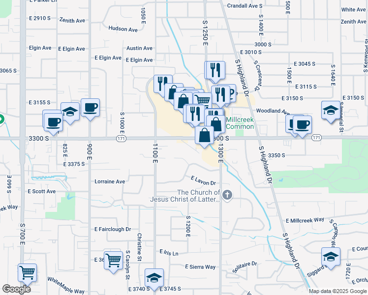 map of restaurants, bars, coffee shops, grocery stores, and more near 1174 East 3300 South in Millcreek