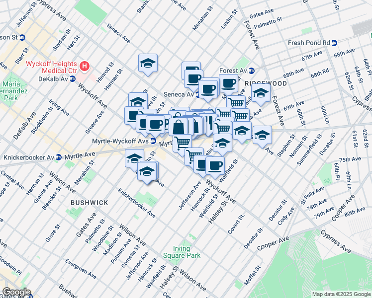map of restaurants, bars, coffee shops, grocery stores, and more near 16-47 Putnam Avenue in Queens