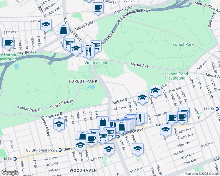 map of restaurants, bars, coffee shops, grocery stores, and more near 83-77 Woodhaven Boulevard in Queens