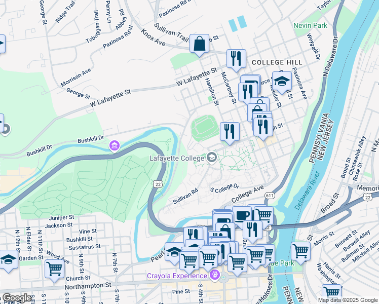 map of restaurants, bars, coffee shops, grocery stores, and more near in Easton