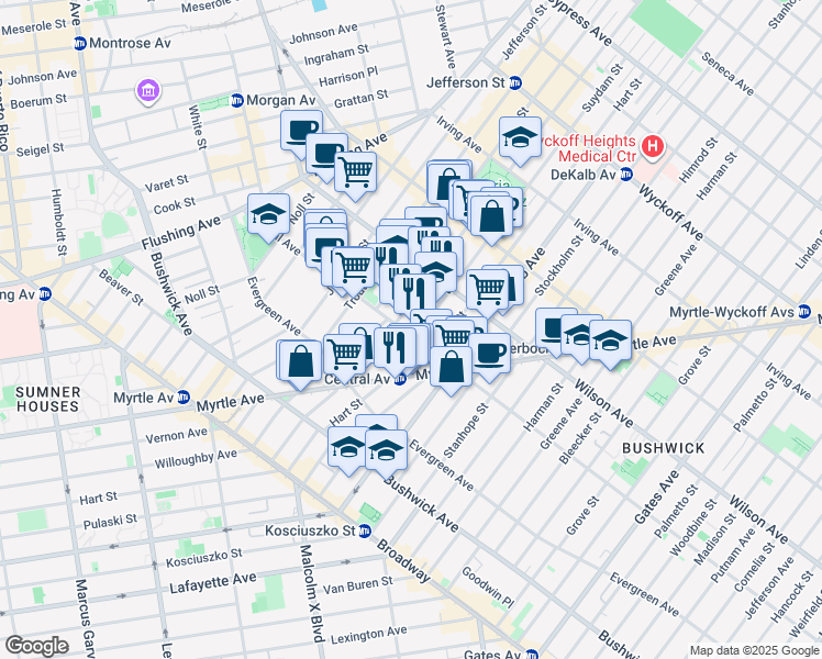 map of restaurants, bars, coffee shops, grocery stores, and more near 155 Central Avenue in Brooklyn