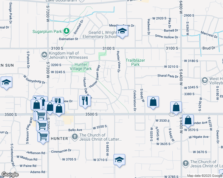 map of restaurants, bars, coffee shops, grocery stores, and more near 3344 Abbey Glen Way in West Valley City