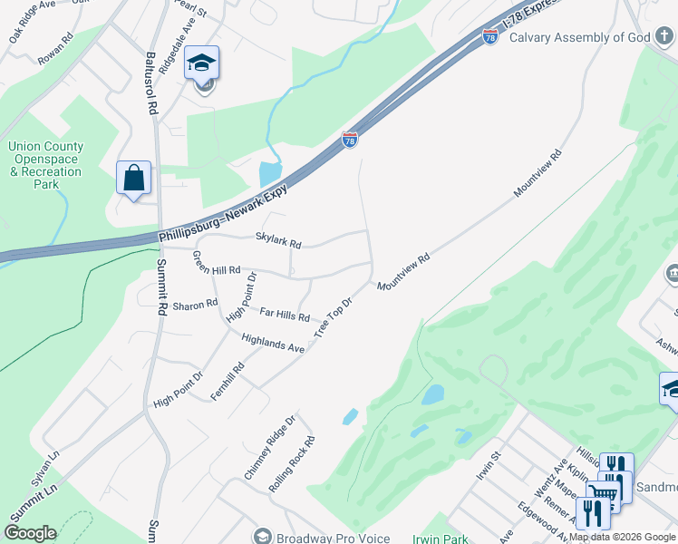 map of restaurants, bars, coffee shops, grocery stores, and more near 63 Green Hill Road in Springfield