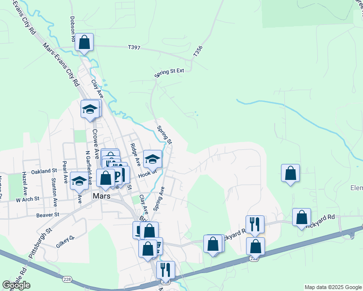 map of restaurants, bars, coffee shops, grocery stores, and more near 601 Spring St in Mars