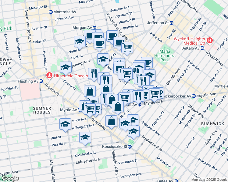map of restaurants, bars, coffee shops, grocery stores, and more near 102 Jefferson Street in Brooklyn
