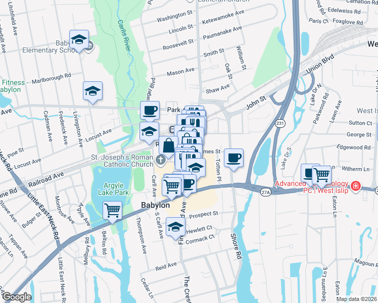 map of restaurants, bars, coffee shops, grocery stores, and more near 198 Deer Park Avenue in Babylon