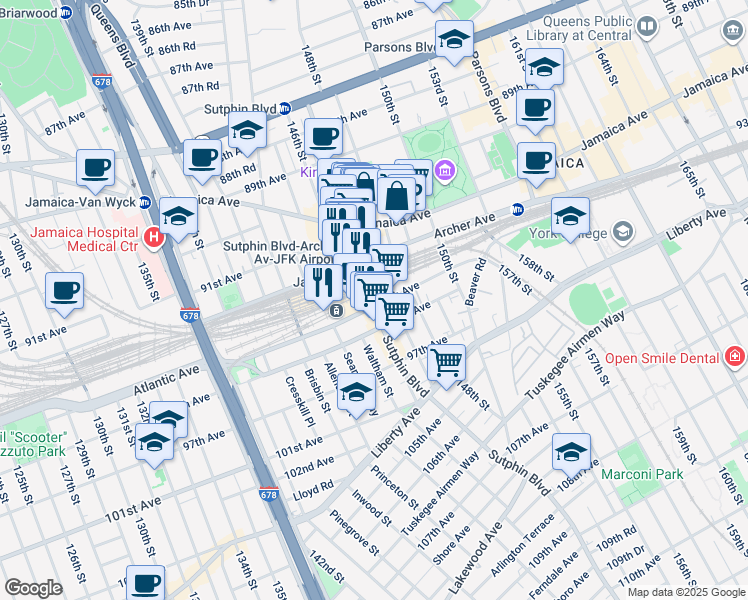 map of restaurants, bars, coffee shops, grocery stores, and more near 150-41 94th Avenue in Queens