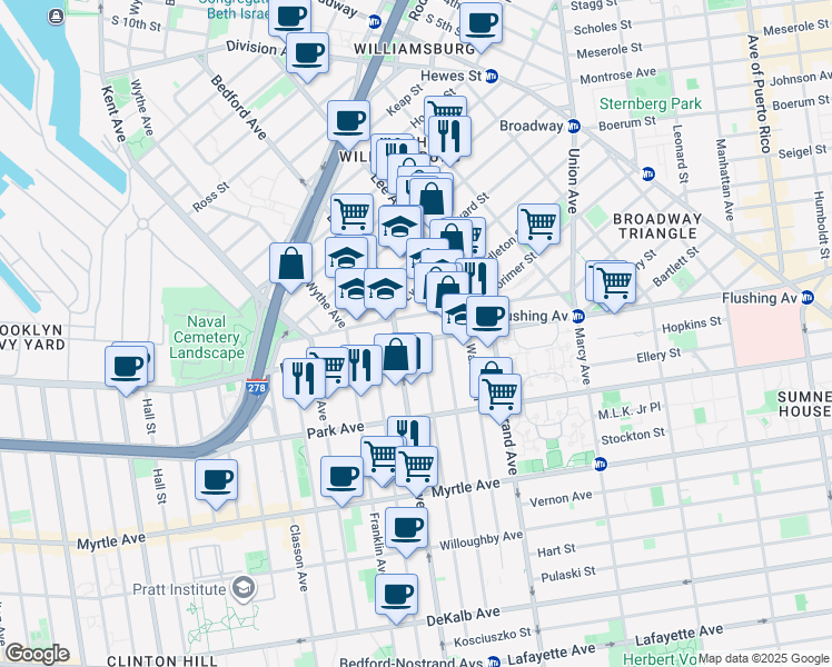 map of restaurants, bars, coffee shops, grocery stores, and more near 178 Wallabout Street in Brooklyn