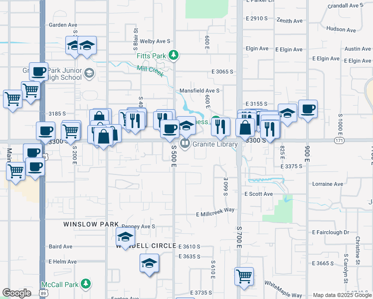 map of restaurants, bars, coffee shops, grocery stores, and more near 3331 South 500 East in South Salt Lake