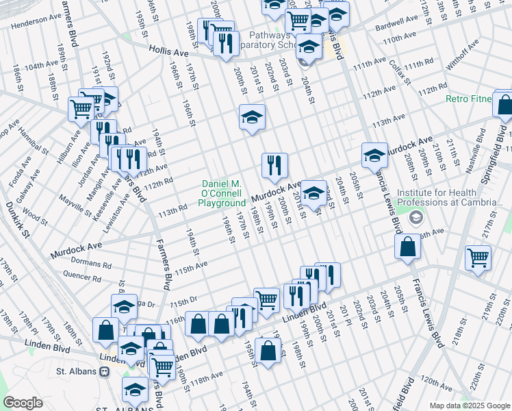 map of restaurants, bars, coffee shops, grocery stores, and more near 114-07 198th Street in Queens