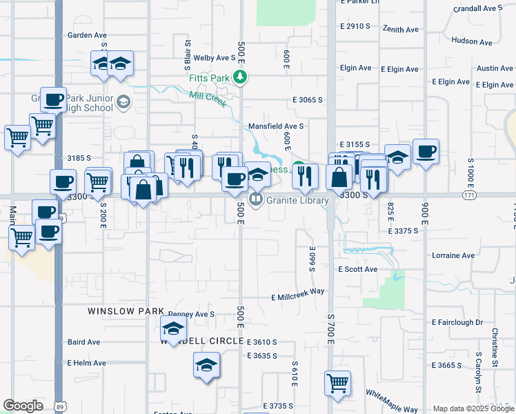 map of restaurants, bars, coffee shops, grocery stores, and more near 542 Bulrush Way in Salt Lake City