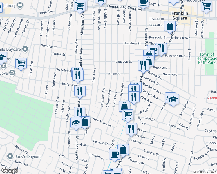 map of restaurants, bars, coffee shops, grocery stores, and more near 339 Clement Avenue in Elmont