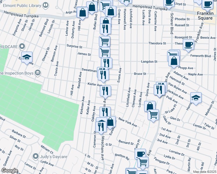 map of restaurants, bars, coffee shops, grocery stores, and more near 311 Meacham Avenue in Elmont