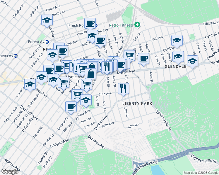 map of restaurants, bars, coffee shops, grocery stores, and more near 72-44 61st Street in Queens