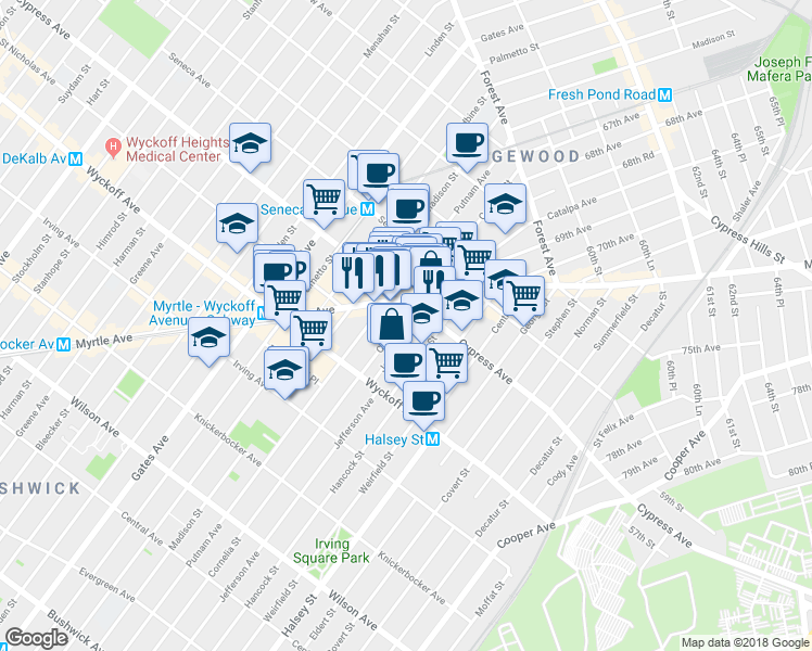 map of restaurants, bars, coffee shops, grocery stores, and more near in Queens