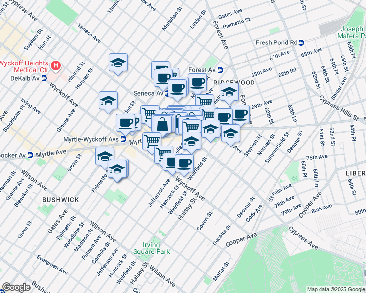 map of restaurants, bars, coffee shops, grocery stores, and more near in Queens