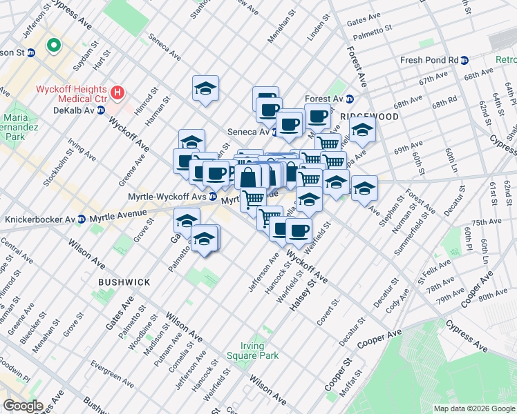 map of restaurants, bars, coffee shops, grocery stores, and more near 16-47 Putnam Avenue in Queens