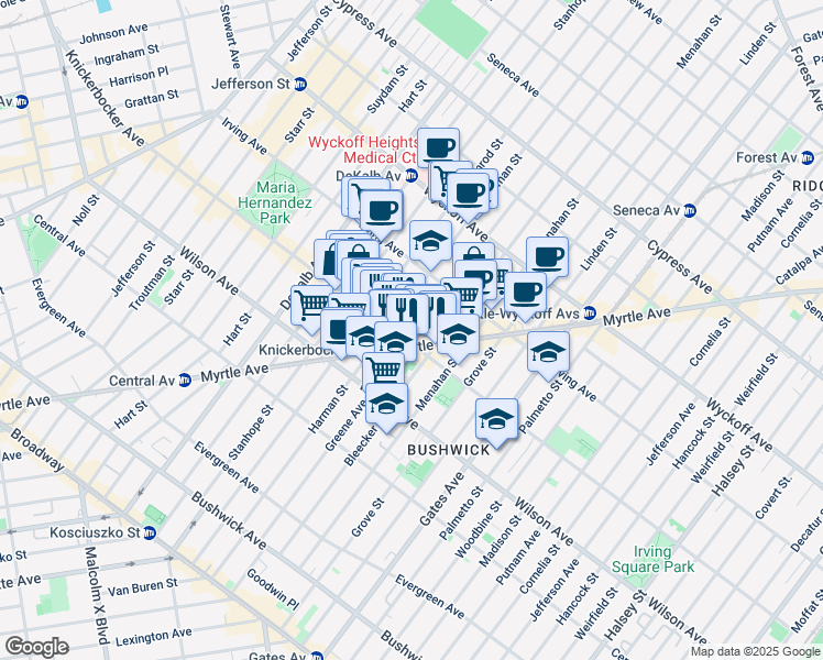 map of restaurants, bars, coffee shops, grocery stores, and more near 1333 Greene Avenue in Brooklyn