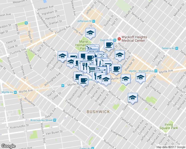 map of restaurants, bars, coffee shops, grocery stores, and more near 180 Stanhope Street in Brooklyn